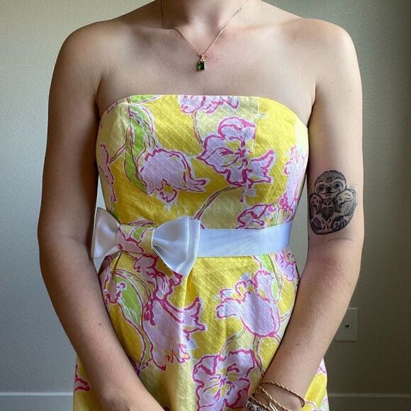 Lilly Pulitzer Strapless Y2K Cotton Yellow Floral Mini Bow Summer Dress Sz 2 - Picture 9 of 10